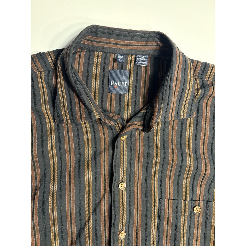 Haupt Button Up Shirt Mens Large Black 16.5 Long Sleeve Striped Cotton Casual